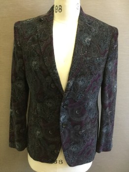 Mens, Sportcoat/Blazer, TALLIA, Dk Green, Purple, Turquoise Blue, Tan Brown, Teal Green, Cotton, Paisley/Swirls, Floral, 38S, Corduroy, Single Breasted, Collar Attached, Notched Lapel, 3 Pockets