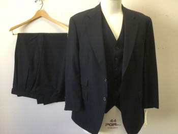 Mens, Suit, Jacket, ACADEMY AWARD, Navy Blue, Wool, Solid, 44 R, Self Striper Weave, 3 Buttons,  Notched Lapel, 4 Pockets,