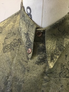COSI COLLECTION, Olive Green, Charcoal Gray, Rayon, Polyester, Abstract , Self Textured Pattern, Long Sleeve Button Front, Slanted/Unusual Collar Attached, Button Down Collar, 1 Large Patch Pocket with Button Closure,