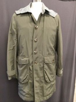 Mens, Casual Jacket, MAN CARLOS CASTILLO, Olive Green, Heather Gray, Polyester, Nylon, Solid, M, Heathered Grey Collar, Detachable Hood with Grey Trim,  Button Front, Pocket Flap, Patch Pocket,