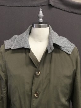Mens, Casual Jacket, MAN CARLOS CASTILLO, Olive Green, Heather Gray, Polyester, Nylon, Solid, M, Heathered Grey Collar, Detachable Hood with Grey Trim,  Button Front, Pocket Flap, Patch Pocket,