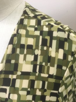 Womens, Dress, Long & 3/4 Sleeve, NINE WEST, Lime Green, Acid Green, Black, Olive Green, Beige, Polyester, Spandex, Abstract , Geometric, 4, Abstract Shades of Green Rectangles, Stretchy Material, Long Sleeved Wrap Dress, Deep V Wrapped Neckline, Self Ties at Waist, Knee Length