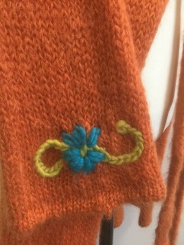 Womens, Sweater, N/L, Orange, Multi-color, Mohair, Solid, Floral, S, Duster/Calf Length Cardigan, Orange with Multicolor Flowers Around Opening of Hood and Ends of Sleeves, Long Sleeves, Open at Center Front with No Closures, **Matching Self Knit Sash Belt
