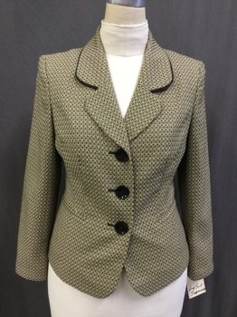 Womens, Blazer, LE SUIT SEPARATES, Tan Brown, Black, Polyester, Geometric, 10, Single Breasted, 3 Buttons,  2 Pockets, Rounded Piped Notched Lapel,