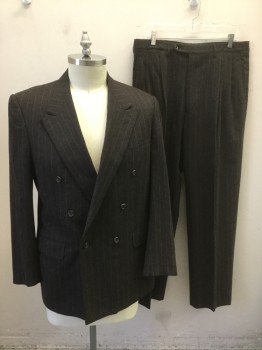 SULKA, Dk Brown, Gray, Wool, Stripes - Pin, Stripes - Chalk , Double Breasted, Wide Peaked Lapel, 3 Pockets, Solid Black Lining,