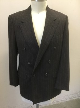 Mens, 1990s Vintage, Suit, Jacket, SULKA, Dk Brown, Gray, Wool, Stripes - Pin, Stripes - Chalk , 42R, Double Breasted, Wide Peaked Lapel, 3 Pockets, Solid Black Lining,