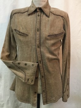 MTO, Tan Brown, Brown, Rust Orange, Cotton, Check , Western, Button Front, Long Sleeves, Collar Attached, 1970'S Piped Yoke/Breast Pocket and Cuff Details, Multiples, Aged/Distressed, Back Vents, Doubles,