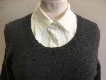 Womens, Pullover Sweater, CHARTER CLUB, Charcoal Gray, Off White, Cashmere, Polyester, Solid, M, Faux Shirt Collar/Cuffs/Hem, Long Sleeves,