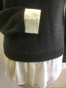 Womens, Pullover Sweater, CHARTER CLUB, Charcoal Gray, Off White, Cashmere, Polyester, Solid, M, Faux Shirt Collar/Cuffs/Hem, Long Sleeves,