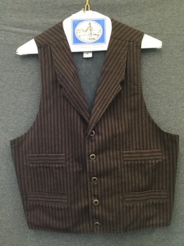 Mens, Historical Fiction Vest, Frontier Classics, Brown, Black, Cotton, Stripes, M, Early Western Vest, Stripped Cotton , Notched Lapel, 5 Button Single Breasted, 4 Welt Pockets, Adjustable Strap at Waist, Old West 1600-1900