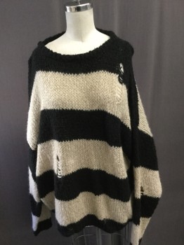 Womens, Pullover, ZARA KNIT, Black, Tan Brown, Acrylic, Stripes, S, Crew Neck, Oversized, Intentional Rips