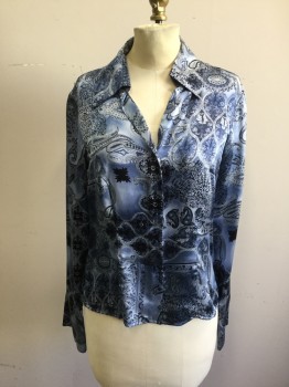 SLB, Navy Blue, Lt Blue, Black, Silk, Paisley/Swirls, Button Front, Collar Attached, Long Sleeves, Extended Cuff