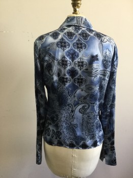 SLB, Navy Blue, Lt Blue, Black, Silk, Paisley/Swirls, Button Front, Collar Attached, Long Sleeves, Extended Cuff
