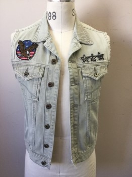 Mens, Jean Jacket, RING OF FIRE, Lt Gray, Cotton, Solid, S, Button Front, Collar Attached, 2 Pockets, Cutoff Sleeves, 2 Patches Front, 2 Patches Back, Button Tab Center Back Waist