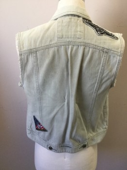 Mens, Jean Jacket, RING OF FIRE, Lt Gray, Cotton, Solid, S, Button Front, Collar Attached, 2 Pockets, Cutoff Sleeves, 2 Patches Front, 2 Patches Back, Button Tab Center Back Waist