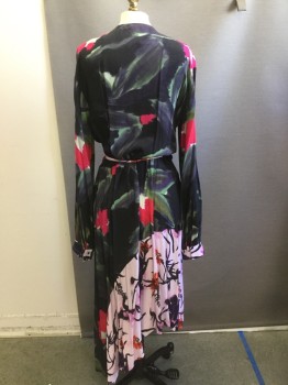 H&M, Green, Gray, Black, Pink, Rayon, Floral, Cross Over V-neck, Wrap Dress, Long Sleeves,