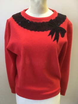 KORET, Red, Black, Wool, Angora, Solid, Long Sleeves, Black Velvet Bow with Sequins and Beads Detail. Puff Sleeves