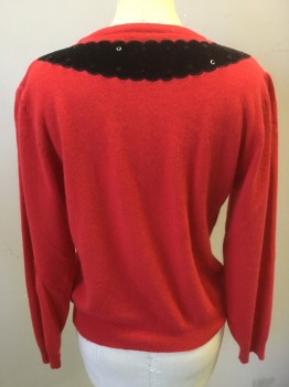 KORET, Red, Black, Wool, Angora, Solid, Long Sleeves, Black Velvet Bow with Sequins and Beads Detail. Puff Sleeves