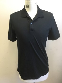 BANANA REPUBLIC, Black, Cotton, Solid, Jersey, Short Sleeves, Rib Knit Collar Attached, 2 Button Front