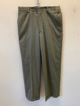 Mens, Slacks, MTO, Gray, Taupe, Wool, Stripes - Pin, Ins:34, W:36, Flat Front, Zip Fly, 5 Pockets Including 1 Watch Pocket, Belt Loops, Wide Leg, Cuffed Hems, MULTIPLES