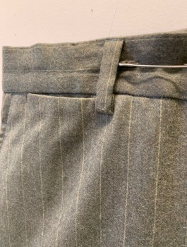 Mens, Slacks, MTO, Gray, Taupe, Wool, Stripes - Pin, Ins:34, W:36, Flat Front, Zip Fly, 5 Pockets Including 1 Watch Pocket, Belt Loops, Wide Leg, Cuffed Hems, MULTIPLES