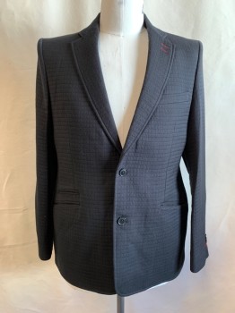 Mens, Sportcoat/Blazer, CARDUCCI, Black, Wool, Solid, 42R, Knit Grid Texture, Single Breasted, Collar Attached, Notched Lapel, 4 Pockets, 2 Buttons