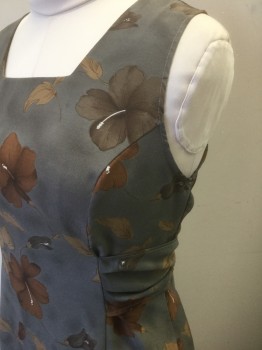 TIMING, Gray, Taupe, Brown, Beige, Rayon, Acetate, Floral, Crepe, Sleeveless with 2.5" Straps, Square Neck, Self Belt Attached at Side Waist, Ankle Length