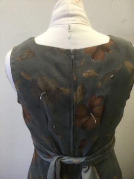 TIMING, Gray, Taupe, Brown, Beige, Rayon, Acetate, Floral, Crepe, Sleeveless with 2.5" Straps, Square Neck, Self Belt Attached at Side Waist, Ankle Length