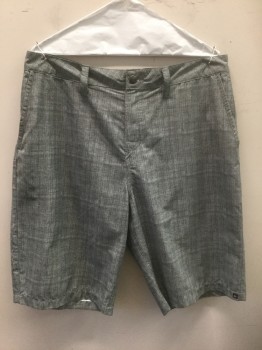 Mens, Swim Trunks, QUICKSILVER, Gray, Dk Gray, Polyester, Spandex, Heathered, Stripes - Pin, W:34, Heathered Gray with Dark Gray Pinstripes, 5 Pockets, Belt Loops, Velcro Fly, 11" Inseam