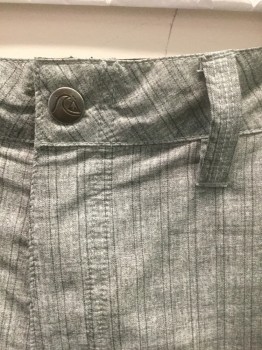 Mens, Swim Trunks, QUICKSILVER, Gray, Dk Gray, Polyester, Spandex, Heathered, Stripes - Pin, W:34, Heathered Gray with Dark Gray Pinstripes, 5 Pockets, Belt Loops, Velcro Fly, 11" Inseam