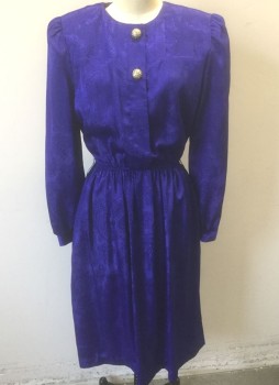 LADY CAROL, Royal Blue, Polyester, Paisley/Swirls, Self Paisley Pattern Satin, Long Sleeves, Chunky Shoulder Pads, Large Gold Buttons at Center Front, Elastic Waist, Knee Length,
