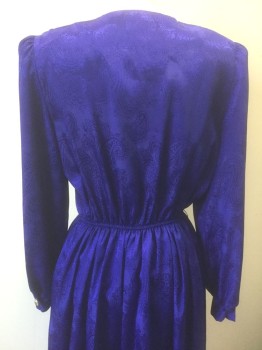 LADY CAROL, Royal Blue, Polyester, Paisley/Swirls, Self Paisley Pattern Satin, Long Sleeves, Chunky Shoulder Pads, Large Gold Buttons at Center Front, Elastic Waist, Knee Length,
