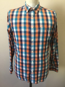 OLD NAVY, Turquoise Blue, Orange, Navy Blue, White, Cotton, Linen, Check , Long Sleeve Button Front, Collar Attached, Button Down Collar, 1 Pocket, Has a Double