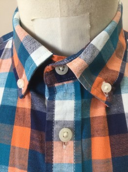 OLD NAVY, Turquoise Blue, Orange, Navy Blue, White, Cotton, Linen, Check , Long Sleeve Button Front, Collar Attached, Button Down Collar, 1 Pocket, Has a Double