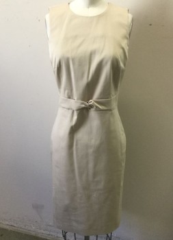 ANN TAYLOR, Khaki Brown, Cotton, Polyester, Solid, Twill, Sleeveless, Round Neck,  1.5" Self Waistband with Knotted Detail at Center Front, Knee Length, Pencil Fit, Invisible Zipper at Center Back