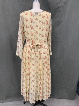 LE MIEUX, Butter Yellow, Pink, Green, White, Rayon, Floral, Oversize Dress, Scoop Neck, Tiny Pleats at Waistband, Skirt Button Front, Sheer, Light Yellow Solid Sleeveless Slip, Attached  Back Belt