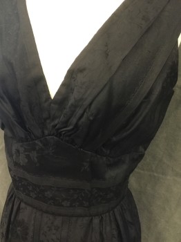 HEFTS, Black, Silk, Floral, Self Floral Pattern, Sleeveless, V-neck, V Panel Pleated Front, Gathered at Waistband, Wide Waistband, Gathered Skirt, Zip Back, Hem Below Knee