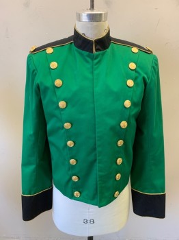Unisex, Marching Band, Jacket/Coat, MTO, Green, Black, Gold, Poly/Cotton, Color Blocking, Solid, 38, 36R, Single Breasted, Snap Front, Epaulets, 20 Gold Buttons, Mandarin/Nehru Collar, Gold Trim, 3 Buttons Per Sleeve, Hook N Eye Collar