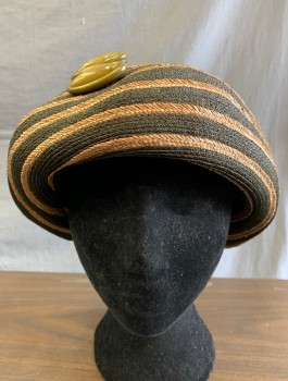 Womens, Hat, N/L, Brown, Black, Straw, Stripes, Cloche, Striped Brim, Solid Crown, 3 Large Olive Oval Bakelite Buttons at Side, Black Silk Lining,