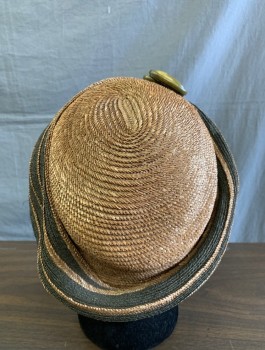 Womens, Hat, N/L, Brown, Black, Straw, Stripes, Cloche, Striped Brim, Solid Crown, 3 Large Olive Oval Bakelite Buttons at Side, Black Silk Lining,