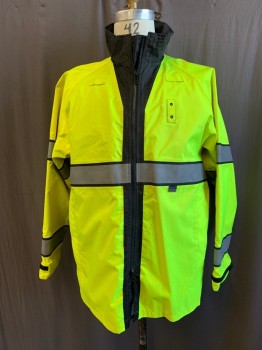 Mens, Fire/Police Jacket, BLAUER, Neon Yellow, Black, Polyester, Stripes, L, Reversible, Neon Yellow with Gray Stripe, Zip Front, Stand Collar, 2 Pockets, Zip Side Slits, Raglan Long Sleeves, Velcro Tab Cuff, Solid Black Reverse (Barcode Inside Pocket on Black Side)