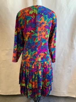 N/L, Orange, Purple, Green, Blue, Silk, Floral, Abstract , Long Sleeves, Drop Waist, Tiered Knife Pleat Skirt, Back Zip, Shoulder Pads, Boxy Fit