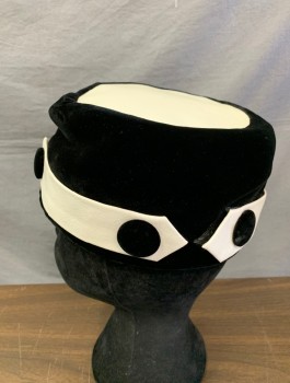 PARKRIDGE, Black, White, Cotton, Leather, Pillbox, Black Velvet with Contrasting White Leather Accents at Crown and Tab Around Head Opening, 2 Decorative Velvet Buttons in Front, Mod