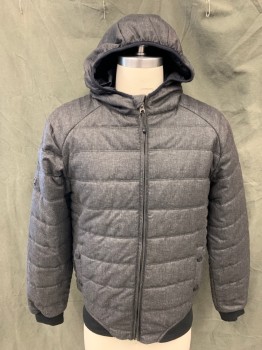 Mens, Casual Jacket, POINT ZERO, Black, White, Polyester, Heathered, M, Zip Front, Attached Hood, Line Quilted, Long Sleeves, Ribbed Knit Cuff/curved Hem, 2 Pockets