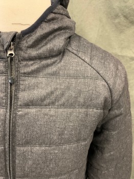 Mens, Casual Jacket, POINT ZERO, Black, White, Polyester, Heathered, M, Zip Front, Attached Hood, Line Quilted, Long Sleeves, Ribbed Knit Cuff/curved Hem, 2 Pockets