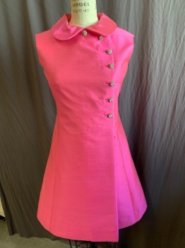 MTO, Pink, Silk, Solid, Pink Lining, Scallop Collar Attached, 7 Rhinestones Front, Sleeveless, 2 Hidden Pockets, Zip Back, Flare Bottom
