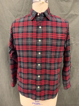 N/L, Red, Black, White, Gray, Cotton, Plaid, Flannel, Button Front, Collar Attached, Long Sleeves, Button Cuff, 1 Pocket