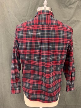N/L, Red, Black, White, Gray, Cotton, Plaid, Flannel, Button Front, Collar Attached, Long Sleeves, Button Cuff, 1 Pocket