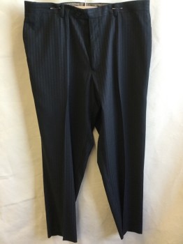 Mens, Slacks, GEORGE AUSTIN, Black, Polyester, Rayon, Stripes - Vertical , 36/31, Black with Black/shinny Black Micro Weaved Vertical Stripes, 1.5" Waistband with Belt Hoops, Flat Front, Zip Front, 4 Pockets,