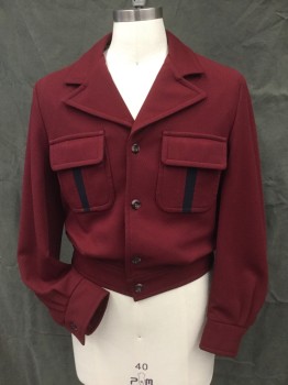 Mens, Jacket, JONNY CARSON, Wine Red, Polyester, Solid, 40S, Twill, 2 Patch Pockets with Flaps and Black Inlay Vertical Stripe at Pocket, 4 Button Closure Center Front, Lining White with Red and Navy Polka Dot Print